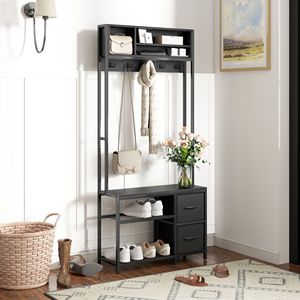 Panca da ingresso 5-in-1 con appendiabiti, 3 ripiani, 2 cassetti e contenitore per scarpe, nera - Product Image 2