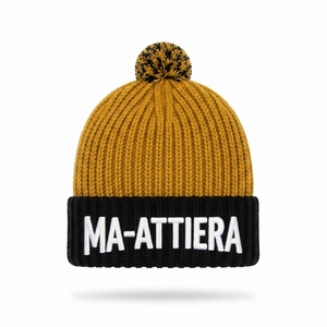 Bonnet en tricot personnalisé jaune et noir avec pompon, bordure côtelée, chaud pour l'hiver, avec logo brodé - Product Image 1