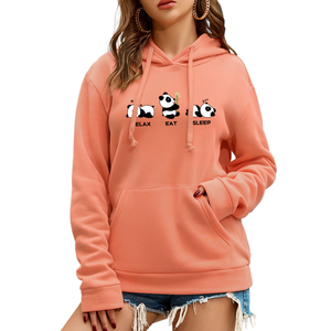 Sweat à capuche jaune pour femme avec imprimé de dessin animé de panda, poche avant, vêtement décontracté d'automne, 100% coton tricoté, manches longues - Product Image 4