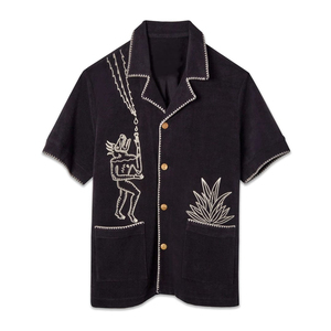 Camisa Casual Negra de Manga Corta para Hombre, Bordada, Hecha a Mano, de Popelina de Algodón, con Cuello Camisero, para Playa, Verano - Product Image 2