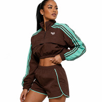 Conjunto de cortavientos y shorts deportivos de mujer a la moda, personalizados, con cremallera corta, ligeros, para verano, estilo urbano, con capucha.