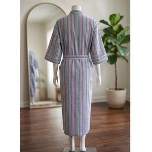 Robe mi-longue rayée pour femme, col mandarin, manches courtes, en coton tissé et fibre de bambou, douce, décontractée, printemps, fermeture à cordon - Product Image 3