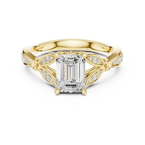 Yellow Gold Lab Grown Diamond Engagement <b>Ring</b>, <b>Emerald</b> Cut Center Stone, Floral Pavé <b>Band</b>, Elegant Luxury Bridal Wedding Jew - Product Image 1
