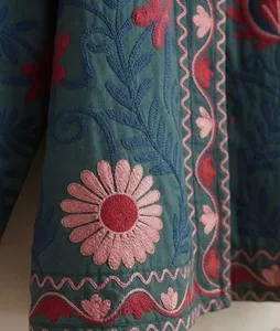 Bohemian Blue <b>Velvet</b> Suzani Embroidered <b>Jacket</b> with Floral Print Full Sleeve Stand Collar Handmade <b>Women's</b> Autumn Outerwear - Product Image 3