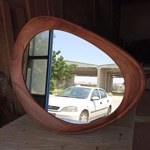 Modern Organic Pebble Shape Solid Wood Wall <b>Mirror</b> Horizontal Amoeba Curved Timber Frame Living Room Entryway Decor Artwork Unit - Product Image 3