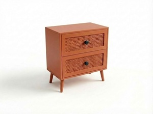 Table d'appoint moderne et écologique à 2 tiroirs en bois de caoutchouc, MDF, placage de chêne et détails en rotin. Table de rangement pour salon/chambre à coucher - Product Image 4