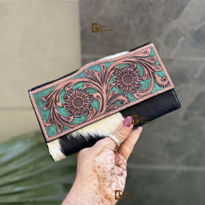 Pochette de luxe 2025 en cuir sculpté à la main, avec fourrure de vache, porte-cartes, style western, multi-usages - Product Image 1