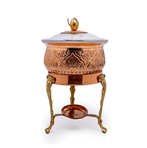 Stunning and unique, this round brass chafing dish sits <b>on</b> an artistic frame with <b>wheel</b> details, available at wholesale prices. - Product Image 5