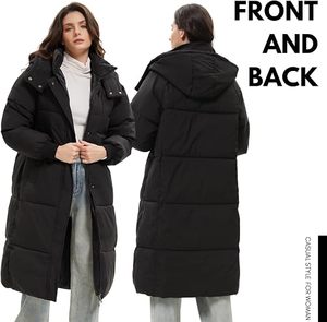 Chaqueta Larga Acolchada para Mujer, Negra, con Capucha, Manga Larga, Abrigo Cálido de Invierno con Bolsillos de Parche, Cierre de Botones, Fibra de Poliéster Gruesa - Product Image 4
