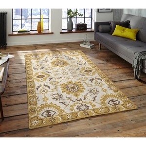 Tapis en laine tufté à la main à motifs floraux, jaune moutarde et ivoire avec accents marron, support en coton pour intérieurs traditionnels - Product Image 1