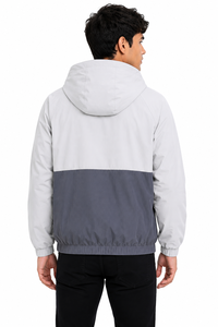 <b>Men's</b> Lightweight Puffer Hooded Windbreaker <b>Jacket</b> Two-Tone <b>White</b>/Grey Color Block Full-Zip Outdoor Adjustable Hood - Product Image 3