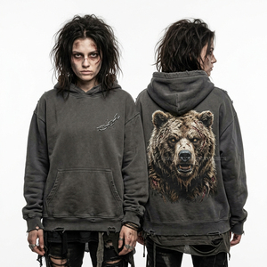 Sudadera con capucha negra con cremallera y lavado ácido personalizado, con gráfico detallado de cara de zombie y logotipo de bioquedera en el pecho, estilo chaqueta de moda de terror - Product Image 3
