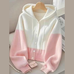 เสื้อสเวตเตอร์ถักมีฮู้ดสำหรับผู้หญิง สีไล่ระดับ แขนยาว สวมใส่สบายๆ ในฤดูใบไม้ร่วง สีขาว สีม่วง คอปกติดกระดุม ความยาวปกติ - Product Image 2