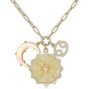 Collier tendance pour femme en or fin avec pendentif signe astrologique, opale, croissant de lune et 12 constellations, breloques fines à maillons trombone - Product Image 1
