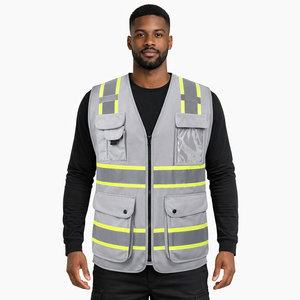 Reflective Safety Vest Men Gray V Neck Zipper Closure Breathable Polyester Work Wear with Pockets Casual Outerwear Spring - Product Image 2