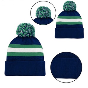 Unisex Striped Beanie Hat with Pom Pom 100% Acrylic Knitted <b>Winter</b> <b>Cap</b> for Adults Casual Style Blue Green White Stripes - Product Image 5