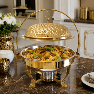 Luxury Gold Stainless Steel Round Chafing Dish <b>Buffet</b> <b>Server</b> Food Warmer with Hammered Lid Hotel Catering Restaurant Banquet OEM - Product Image 4