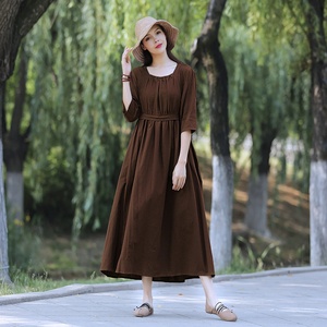 Robe midi vintage en coton biologique, manches 3/4, plissée avec poches, style rétro ample, printemps-été, pour femme, usage quotidien - Product Image 2
