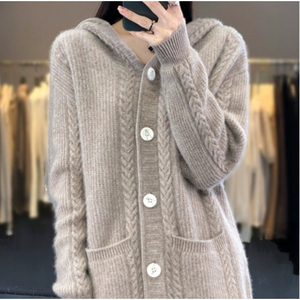 Women's ODM <b>Hooded</b> Long <b>Cardigan</b> Sweater Solid Color <b>Knitted</b> Button Front Standard Acrylic Winter Casual Full Sleeve Embroidery - Product Image 3