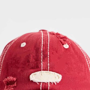 <b>Red</b> Distressed Denim Baseball Cap 6-Panel Adjustable Unisex Vintage Style Casual Hat Spring Summer Adult 58-60CM - Product Image 6