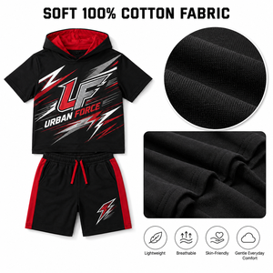 Conjunto de Camiseta con Capucha y Pantalones Cortos Urban Force, Estampado Digital Negro y Rojo, Atuendo Deportivo de Verano para Niños - Product Image 5