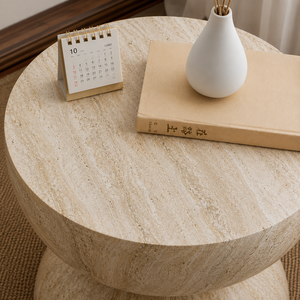 Table basse sablier moderne en travertin avec poignée de transport, structure en bois massif, pierre beige pour salon, chambre et mobilier de maison - Product Image 4