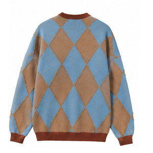 2026 Men's Blue <b>Brown</b> Argyle Knitted Sweater Pullover Regular Sleeve Autumn Wear 100% Acrylic Spliced Design - Product Image 2
