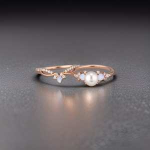 Anillo de Compromiso de Plata de Ley 925 con Baño de Oro Rosa de 14K, Certificado IGI, con Perla Vintage y Ópalo, Joyería para Mujer, para Fiestas - Product Image 6