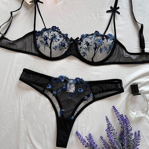 Wholesale Floral Rose Embroidery Lingerie <b>Set</b> <b>Sexy</b> Sheer Mesh Underwire <b>Bra</b> and Thong Panties <b>Set</b> 2 Piece Bow Lace <b>Bra</b> <b>Set</b> - Product Image 5