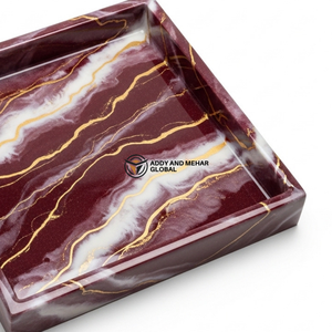 Plateau contemporain en marbre bordeaux – Plateau de service en résine brillante avec accents dorés - Product Image 4