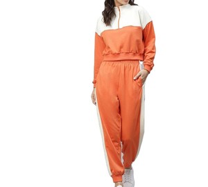 Ensemble de survêtement décontracté pour femme, color block, manches longues, demi-zip, coupe ample, respirant, orange et blanc, pour le printemps - Product Image 1