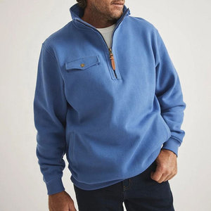 Men's Blue Quarter Zip Fleece <b>Sweatshirt</b> Solid Color Crew Neck Regular Fit Casual Pocket Design Autumn Wear 100% Polyester - Product Image 1