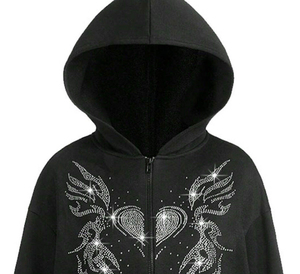 <b>Black</b> Hooded Zip-Up Sweatshirt With Rhinestone <b>Heart</b> Wings Design Oversized Casual Unisex Autumn Wear - Product Image 4