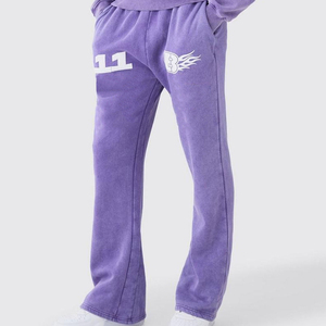 ชุดเซ็ตฮู้ดดี้ลายโลโก้แบบย้อมสีเอซิดและกางเกงขาบาน สไตล์สตรีทแวร์วินเทจสีม่วงสำหรับผู้ชาย ผ้าคอตตอนหนานุ่มทรงโอเวอร์ไซส์ - Product Image 2