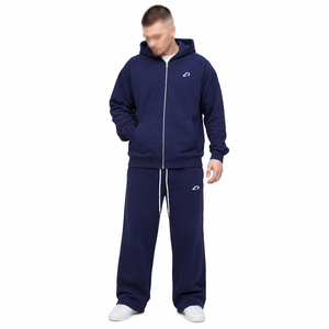 Survêtement Classique Homme Bleu Marine Zippé Intégral Deux Pièces avec Capuche Coupe Droite Décontractée Mélange Coton Logo Frontal Personnalisable - Product Image 1