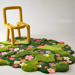 Tapis en laine pour enfants motif floral, tapis touffeté doux pour aire de jeux, motif de fleurs mignonnes, tapis de forme irrégulière vert pour la décoration de chambre d'enfant - Product Image 3