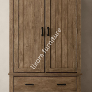 Modern Farmhouse Solid Wood 2 Door <b>Wardrobe</b> with 2 Lower Drawers Rustic Oak Finish Storage Armoire - Product Image 3