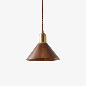 Lampe suspendue moderne en bois de noyer avec accents en laiton, style cône, à tête unique, pour cuisine et chambre à coucher (vente en gros) - Product Image 1