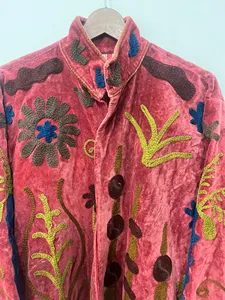 Premium Red <b>Velvet</b> Embroidered Suzani Jacket Floral Pattern Full Sleeve Stand Collar Handmade Bohemian Style Winter <b>Coat</b> - Product Image 4