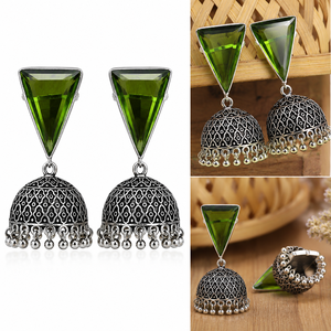 Direct Factory Supplier <b>Oxidized</b> Silver-Plated Pear Green Cut Zircon Bollywood Jhumka Earrings for Women Party Wear Bulk Supply - Product Image 1