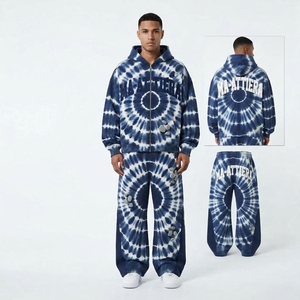 Conjunto de Sudadera con Capucha y Pantalones Tie Dye Azul Marino para Hombre, Sudadera con Cierre y Capucha, Pantalones Anchos con Detalle de Tachuelas, Traje Deportivo de Dos Piezas - Product Image 1