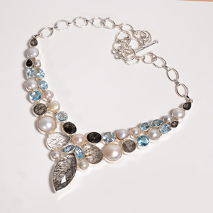 Natural Black Rutilated Quartz & Pearl and Blue Topaz <b>Statement</b> <b>Necklace</b> 925 Silver Rose Gold Yellow Gold Plated Jewelry Women - Product Image 3