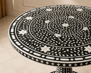 Table à manger ronde en bois avec incrustations en os, design moderne et motif noir et blanc pour cuisine ou salon - Product Image 3