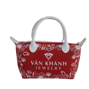 Custom Logo Red Canvas Tote Bag With PU Leather Handle <b>Small</b> Handbag Jewelry Packaging <b>Gift</b> Bag Made in Vietnam - Product Image 3