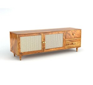 Mid-Century Modern Solid Wood <b>TV</b> Unit with Rattan Doors | Boho Media Console | Jodhpur Export - Product Image 6