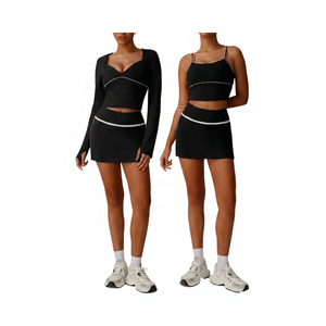 Women's 2 Piece Yoga <b>Set</b> High Waist Skirt Crop Solid Color Spandex Polyester Breathable <b>Square</b> Neck Full Sleeve - Product Image 2