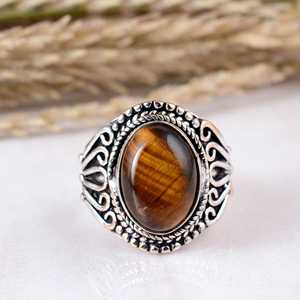 Anillo de Plata de Ley 925 con Ojo de Tigre, Hecho a Mano, Estilo Bohemio Vintage, con Hoja, Joyería de Gema, Anillo de Boda Unisex - Product Image 1
