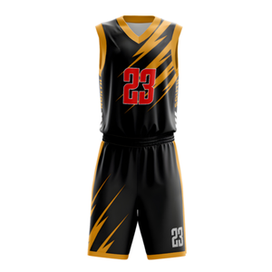 Ensemble d'uniformes de basketball personnalisés pour hommes, noir et or, maillot sans manches col en V et short, avec nom et numéro d'équipe, imprimé éclair, kits en gros - Product Image 2