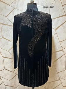 Tenue ethnique indo-occidentale haut de gamme pour homme, base en velours noir, broderie de sequins couleur bronze, motif d'aigle, tenue de marié pour mariage - Product Image 1