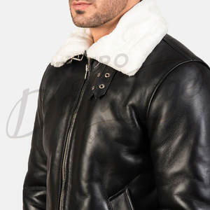 Chaqueta de Cuero Negra Premium para Hombre, Forrada con Piel Sintética Blanca, Estilo Aviador, Chaqueta de Invierno - Product Image 5